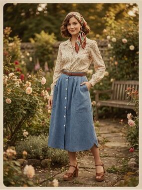 Vintage Blake Blue Chambray Button A-Line Midi Skirt Prairiecore, Cottagecore